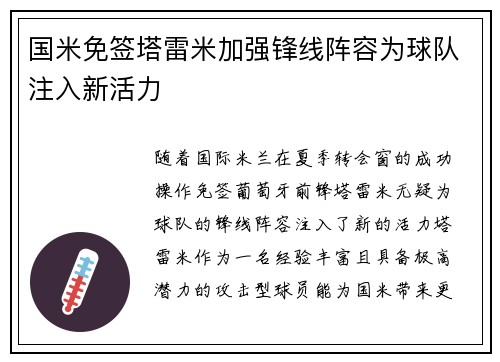 国米免签塔雷米加强锋线阵容为球队注入新活力
